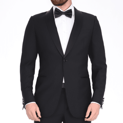 Blujacket TUXEDOS Blujacket Mens Solid Black 100% Wool Trim Fit Tuxedo Suit With Satin Shawl Lapel