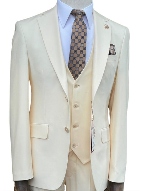 Romaster Mens Solid Cream Slim Fit Stretch Wool Blend 3 Piece Suit