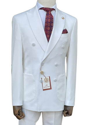 Romaster Mens White Slim Fit Stretch Double Breasted Wool Blend Suit
