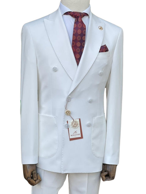 Romaster Mens White Slim Fit Stretch Double Breasted Wool Blend Suit