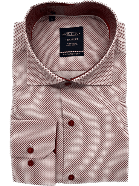 Montreux Mens Slim Fit Red Spread Collar 4-way Stretch Dress Shirt