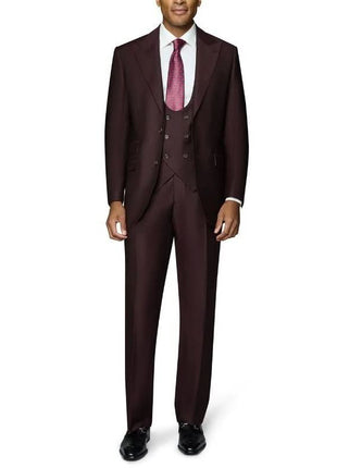 Beragamo Elegant Mens Big & Tall Burgundy 100% Wool Classic Fit Vested Suit with Peak Lapel
