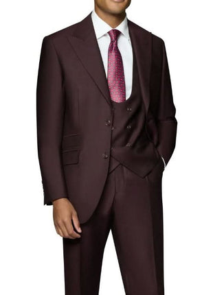 Beragamo Elegant Mens Big & Tall Burgundy 100% Wool Classic Fit Vested Suit with Peak Lapel