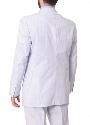 back view of blue and white striped seersucker suit jacket
