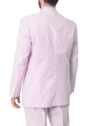 back view of pink and white striped seersucker suit jacket