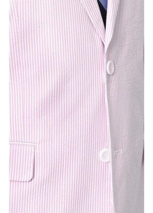 close up of pink and white striped seersucker suit jacket buttons