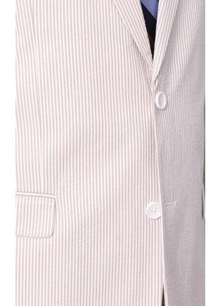 close up of tan and white seersucker suit buttons