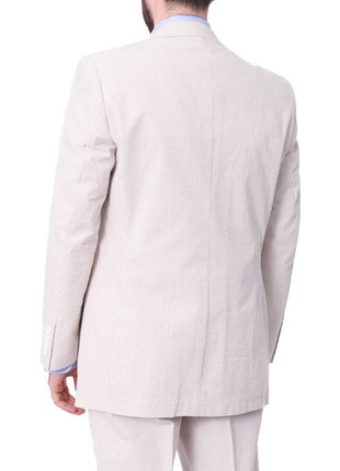 back view of tan and white striped cotton seersucker suit jacket