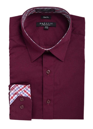 Marquis SHIRTS M Marquis Slim Fit Solid Burgundy Red Spread Collar Cotton Blend Dress Shirt